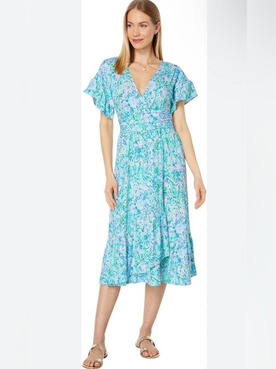 Lilly Pulitzer Dresses & Skirts - Lilly Pulitzer Midi Wrap Dress Blue Green Floral Butterfly Sleeve Smocked Waist